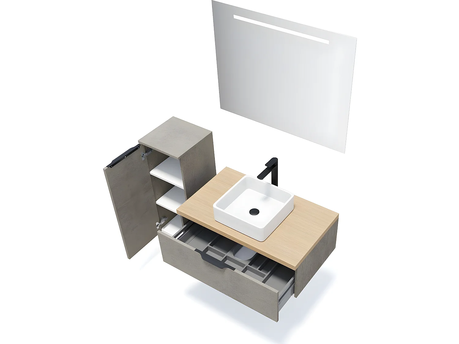 Meuble de salle de bain suspendu vasque à poser 90cm 1 tiroir façon Béton + miroir + colonne ouverture gauche - Soho