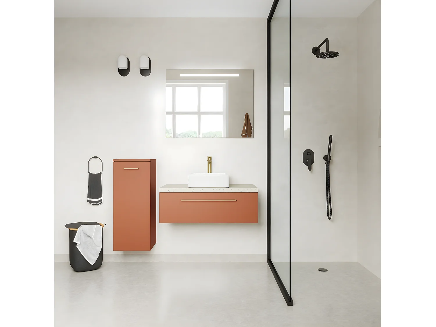 Meuble de salle de bain suspendu vasque à poser 90cm 1 tiroir Terracotta + miroir + colonne ouverture gauche - Glasgow