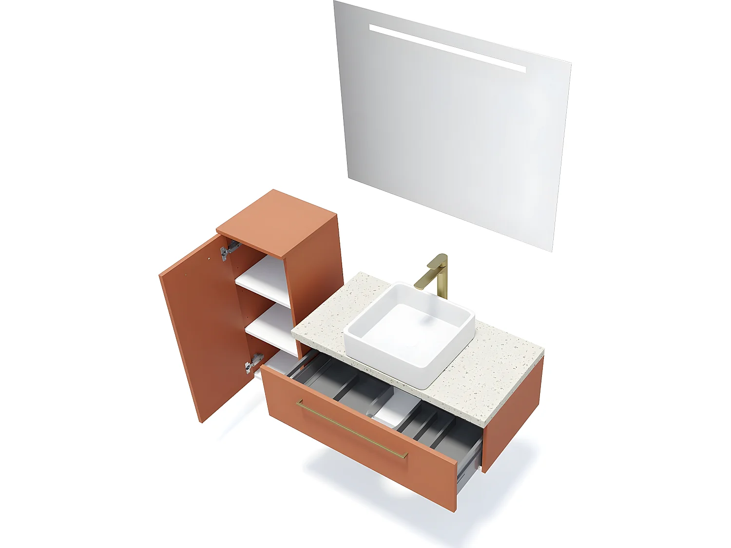 Meuble de salle de bain suspendu vasque à poser 90cm 1 tiroir Terracotta + miroir + colonne ouverture gauche - Glasgow