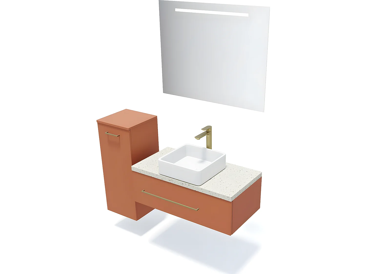 Meuble de salle de bain suspendu vasque à poser 90cm 1 tiroir Terracotta + miroir + colonne ouverture gauche - Glasgow