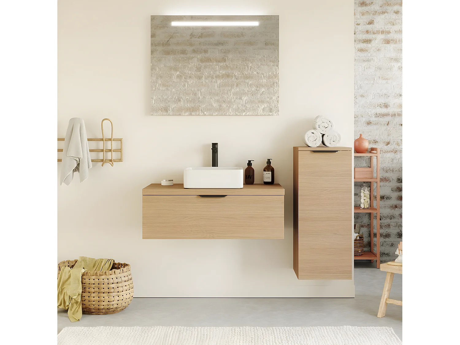 Meuble de salle de bain suspendu vasque à poser 90cm 1 tiroir Chêne clair + miroir + colonne ouverture droite - Venice