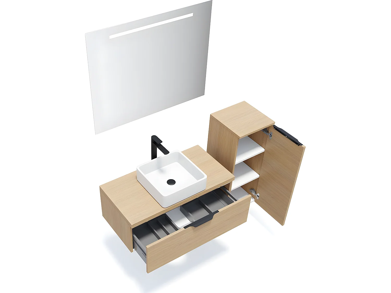 Meuble de salle de bain suspendu vasque à poser 90cm 1 tiroir Chêne clair + miroir + colonne ouverture droite - Venice