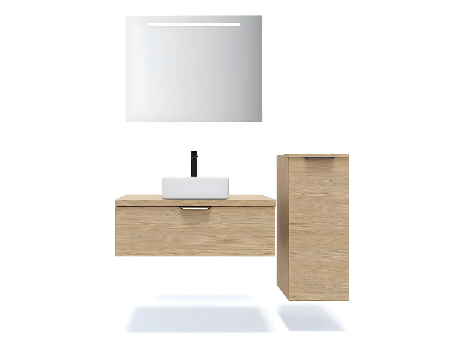 Meuble de salle de bain suspendu vasque à poser 90cm 1 tiroir Chêne clair + miroir + colonne ouverture droite - Venice