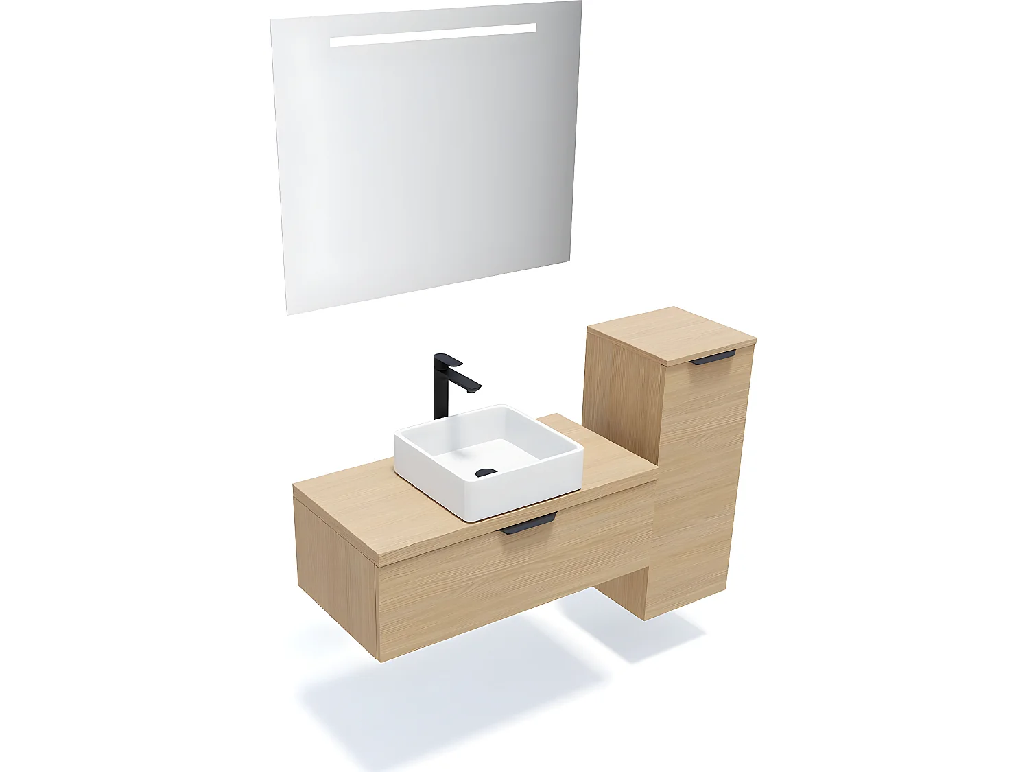Meuble de salle de bain suspendu vasque à poser 90cm 1 tiroir Chêne clair + miroir + colonne ouverture droite - Venice