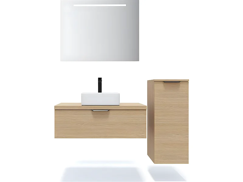 Meuble de salle de bain suspendu vasque à poser 90cm 1 tiroir Chêne clair + miroir + colonne ouverture droite - Venice