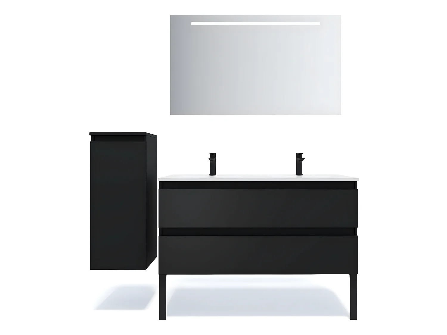 Meuble de salle de bain suspendu double vasque intégrée 120cm 2 tiroirs Noir + miroir + colonne ouverture gauche - Hudson