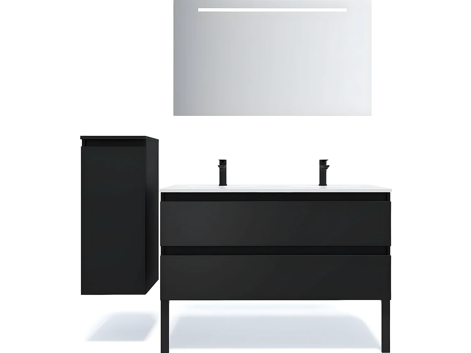 Meuble de salle de bain suspendu double vasque intégrée 120cm 2 tiroirs Noir + miroir + colonne ouverture gauche - Hudson