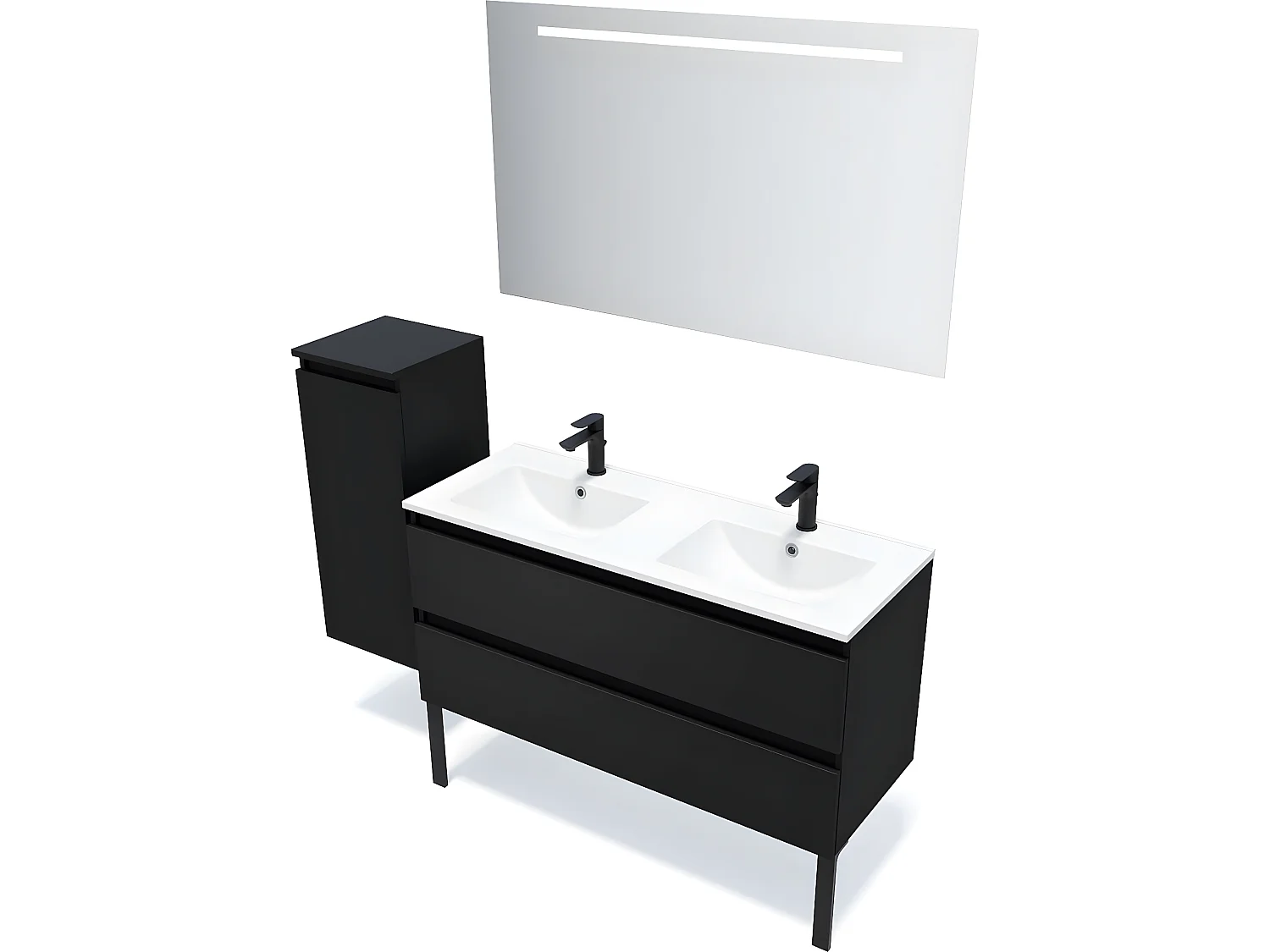 Meuble de salle de bain suspendu double vasque intégrée 120cm 2 tiroirs Noir + miroir + colonne ouverture gauche - Hudson