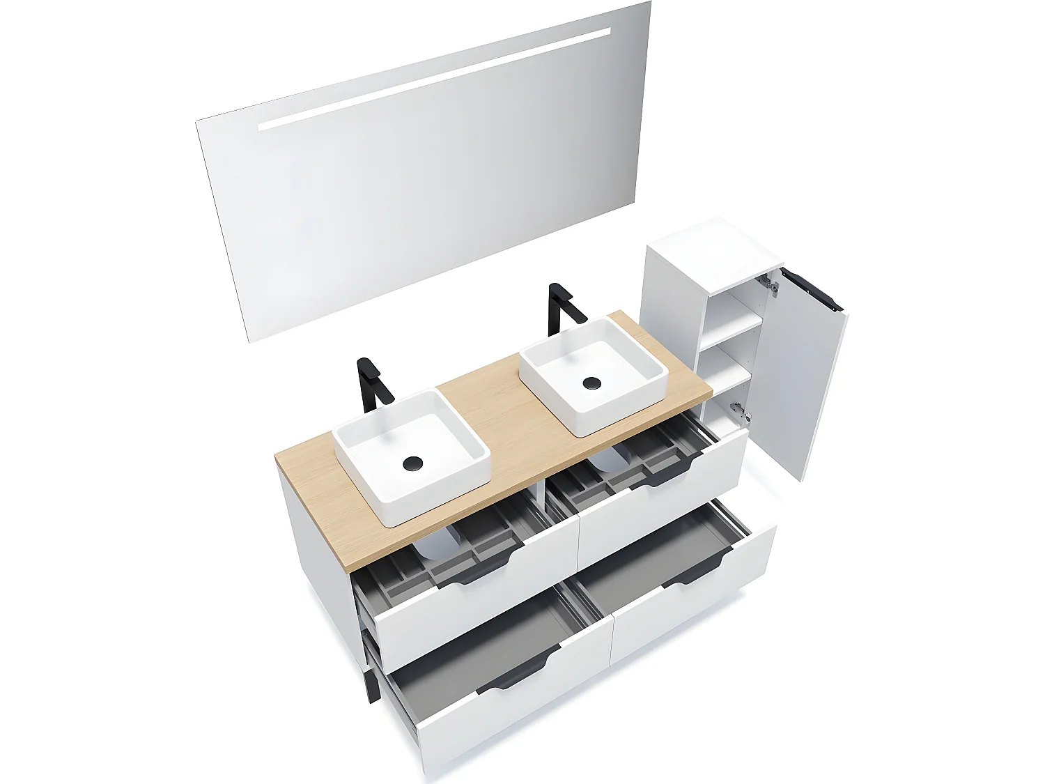 Meuble de salle de bain suspendu 2 vasques à poser 140cm 4 tiroirs Blanc + miroir + colonne ouverture droite - Soho