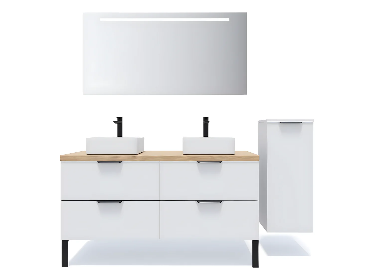 Meuble de salle de bain suspendu 2 vasques à poser 140cm 4 tiroirs Blanc + miroir + colonne ouverture droite - Soho