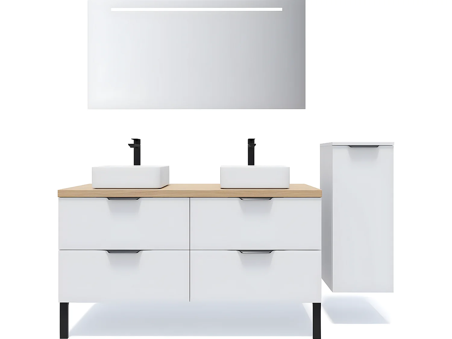 Meuble de salle de bain suspendu 2 vasques à poser 140cm 4 tiroirs Blanc + miroir + colonne ouverture droite - Soho