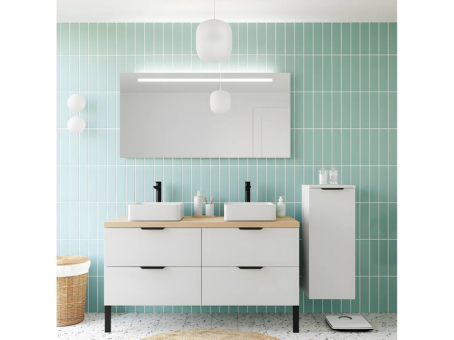 Meuble de salle de bain suspendu 2 vasques à poser 140cm 4 tiroirs Blanc + miroir + colonne ouverture droite - Soho