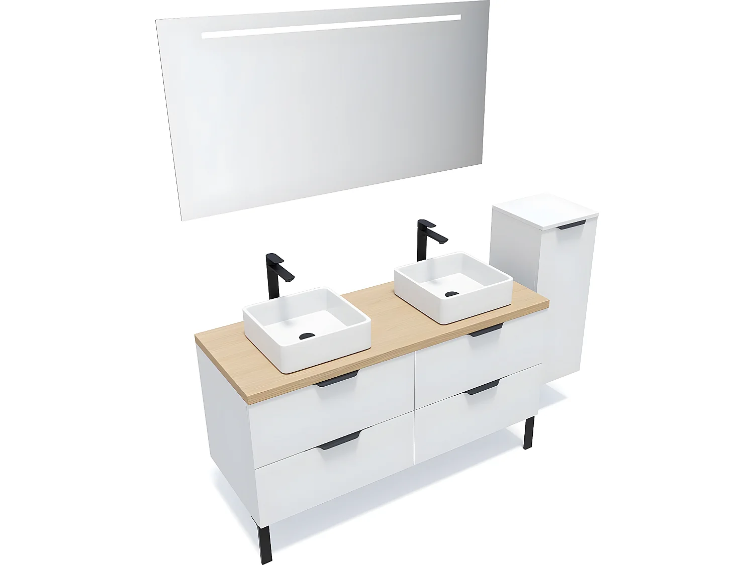 Meuble de salle de bain suspendu 2 vasques à poser 140cm 4 tiroirs Blanc + miroir + colonne ouverture droite - Soho