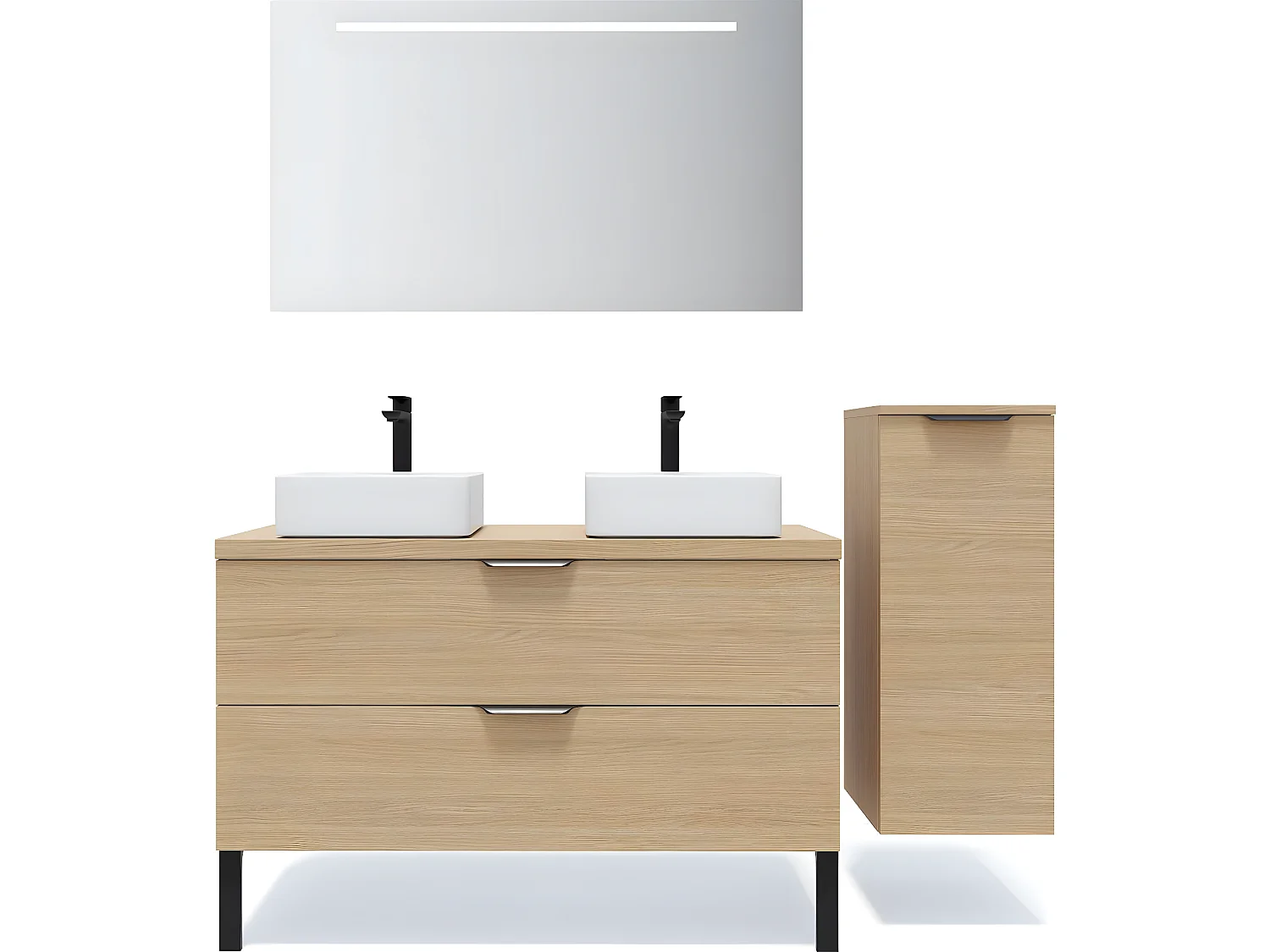 Meuble de salle de bain suspendu 2 vasques à poser 120cm 2 tiroirs Chêne clair + miroir + colonne ouverture droite - Venice