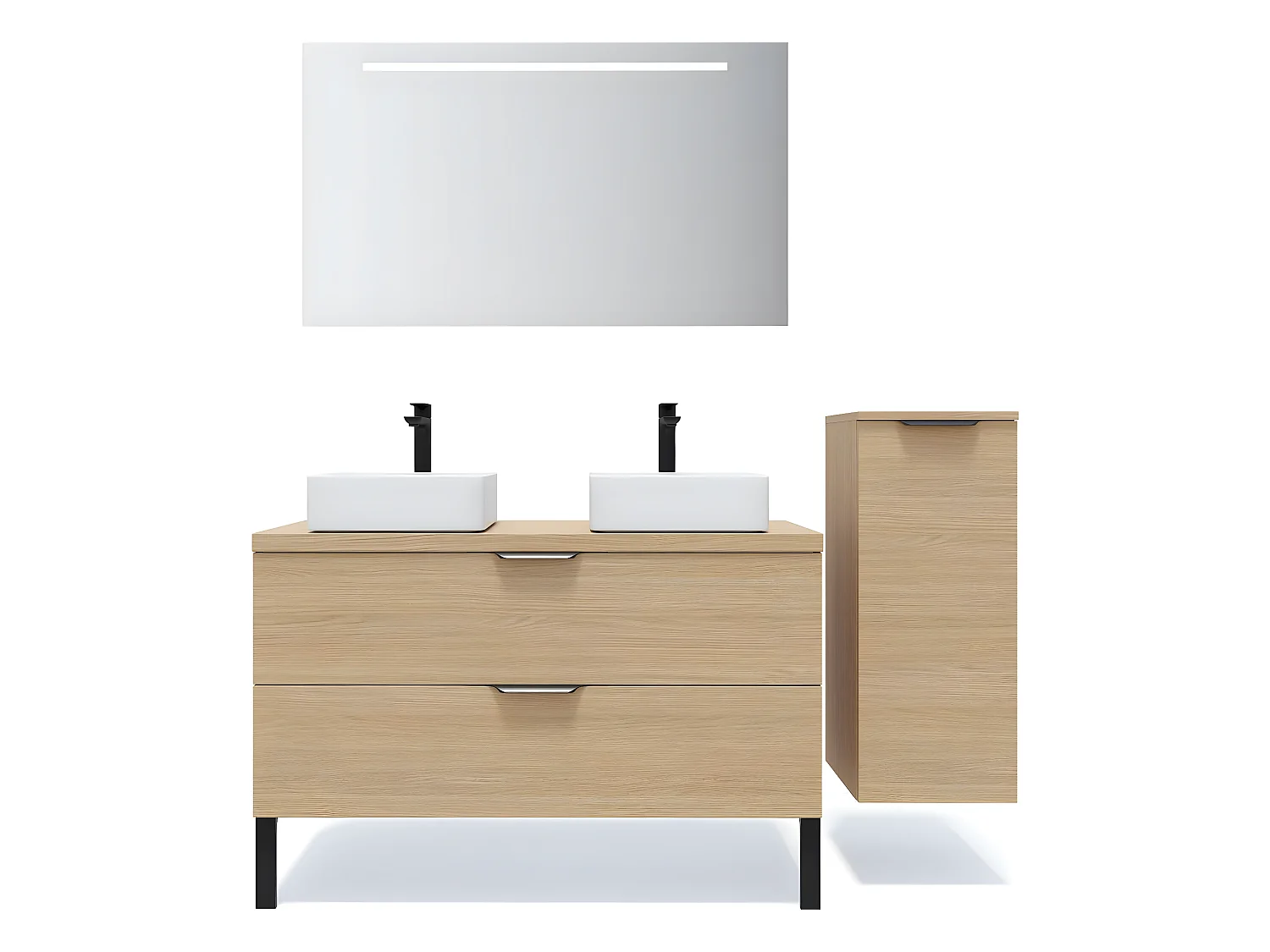 Meuble de salle de bain suspendu 2 vasques à poser 120cm 2 tiroirs Chêne clair + miroir + colonne ouverture droite - Venice