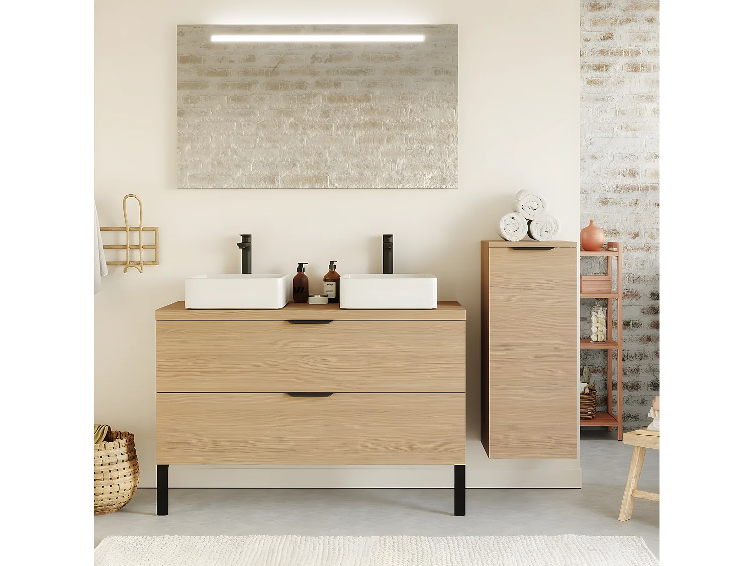 Meuble de salle de bain suspendu 2 vasques à poser 120cm 2 tiroirs Chêne clair + miroir + colonne ouverture droite - Venice