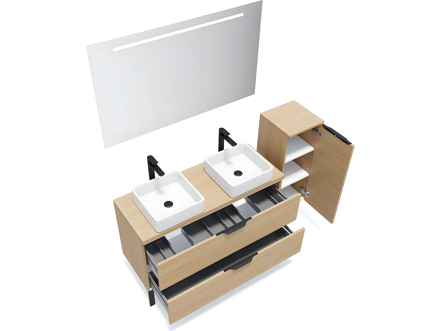 Meuble de salle de bain suspendu 2 vasques à poser 120cm 2 tiroirs Chêne clair + miroir + colonne ouverture droite - Venice