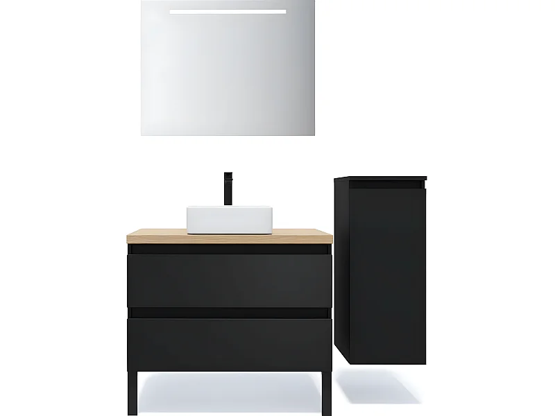 Meuble de salle de bain suspendu vasque à poser 90cm 2 tiroirs Noir + miroir + colonne ouverture droite - Hudson