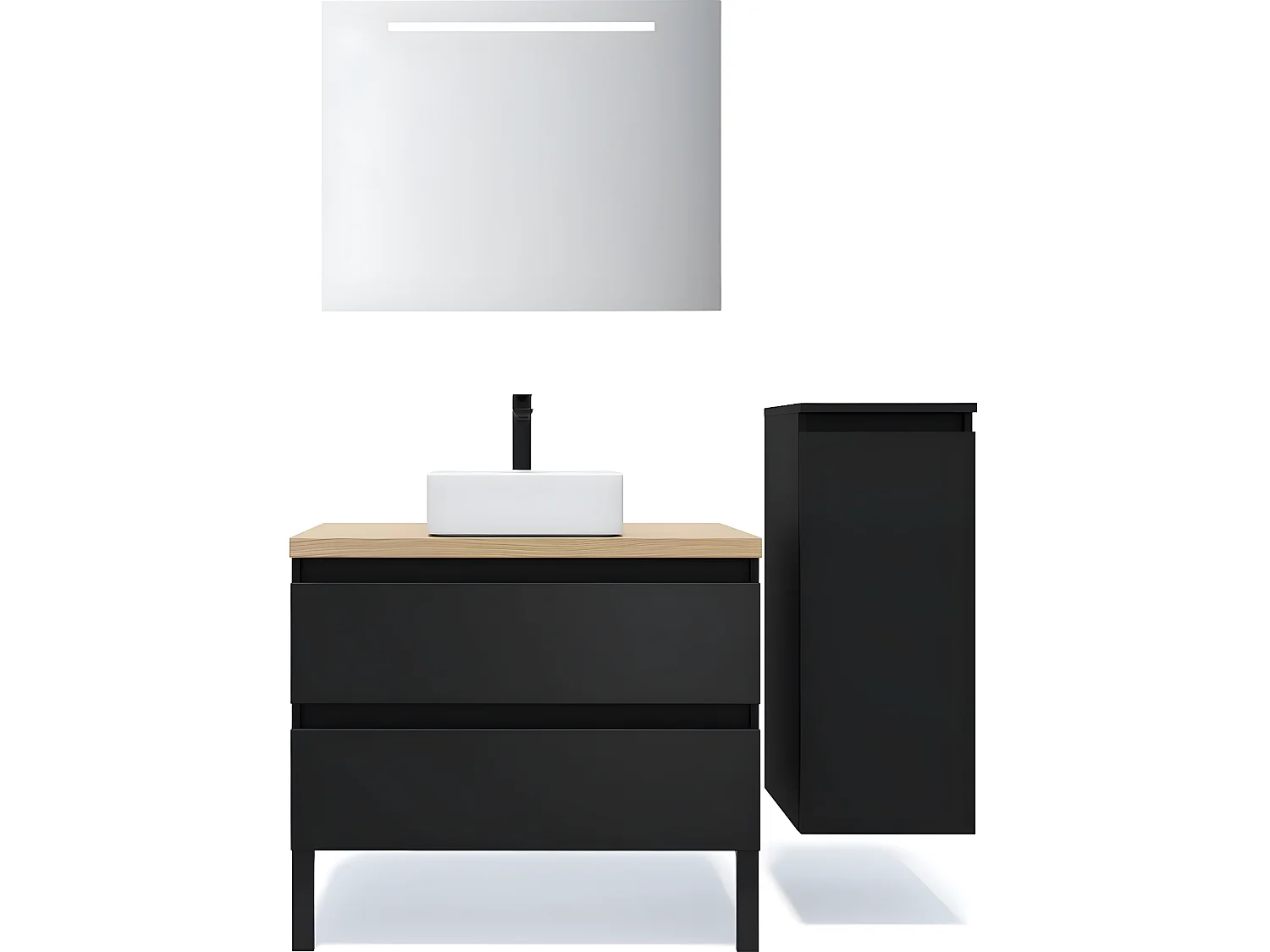 Meuble de salle de bain suspendu vasque à poser 90cm 2 tiroirs Noir + miroir + colonne ouverture droite - Hudson