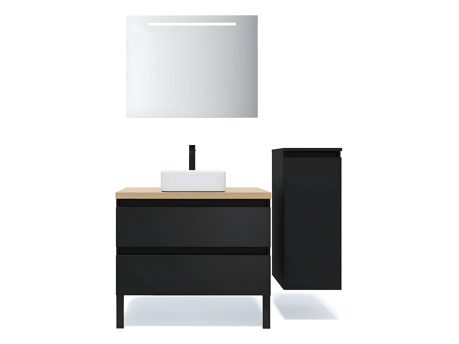Meuble de salle de bain suspendu vasque à poser 90cm 2 tiroirs Noir + miroir + colonne ouverture droite - Hudson