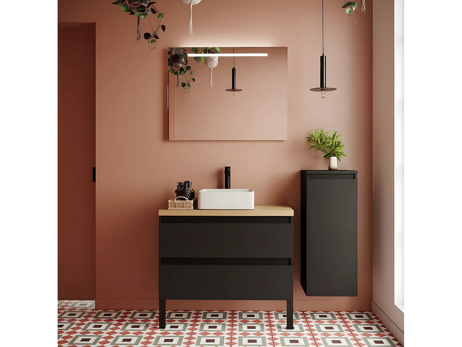 Meuble de salle de bain suspendu vasque à poser 90cm 2 tiroirs Noir + miroir + colonne ouverture droite - Hudson