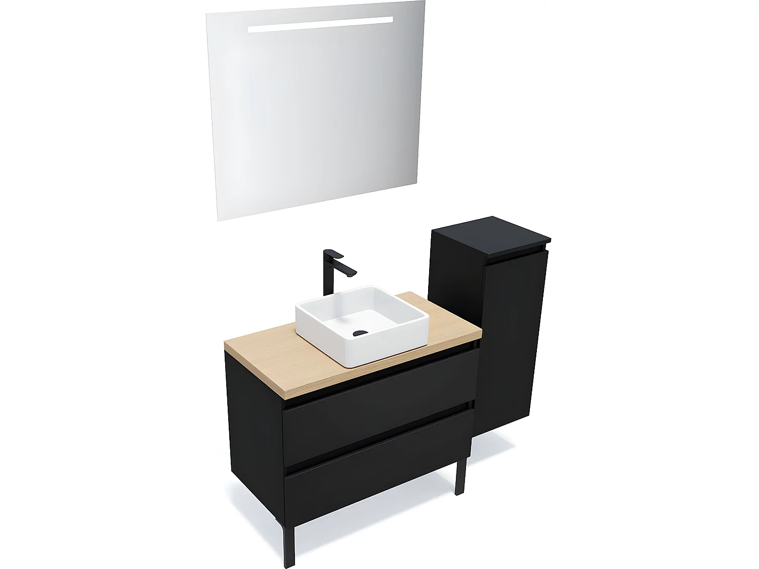 Meuble de salle de bain suspendu vasque à poser 90cm 2 tiroirs Noir + miroir + colonne ouverture droite - Hudson