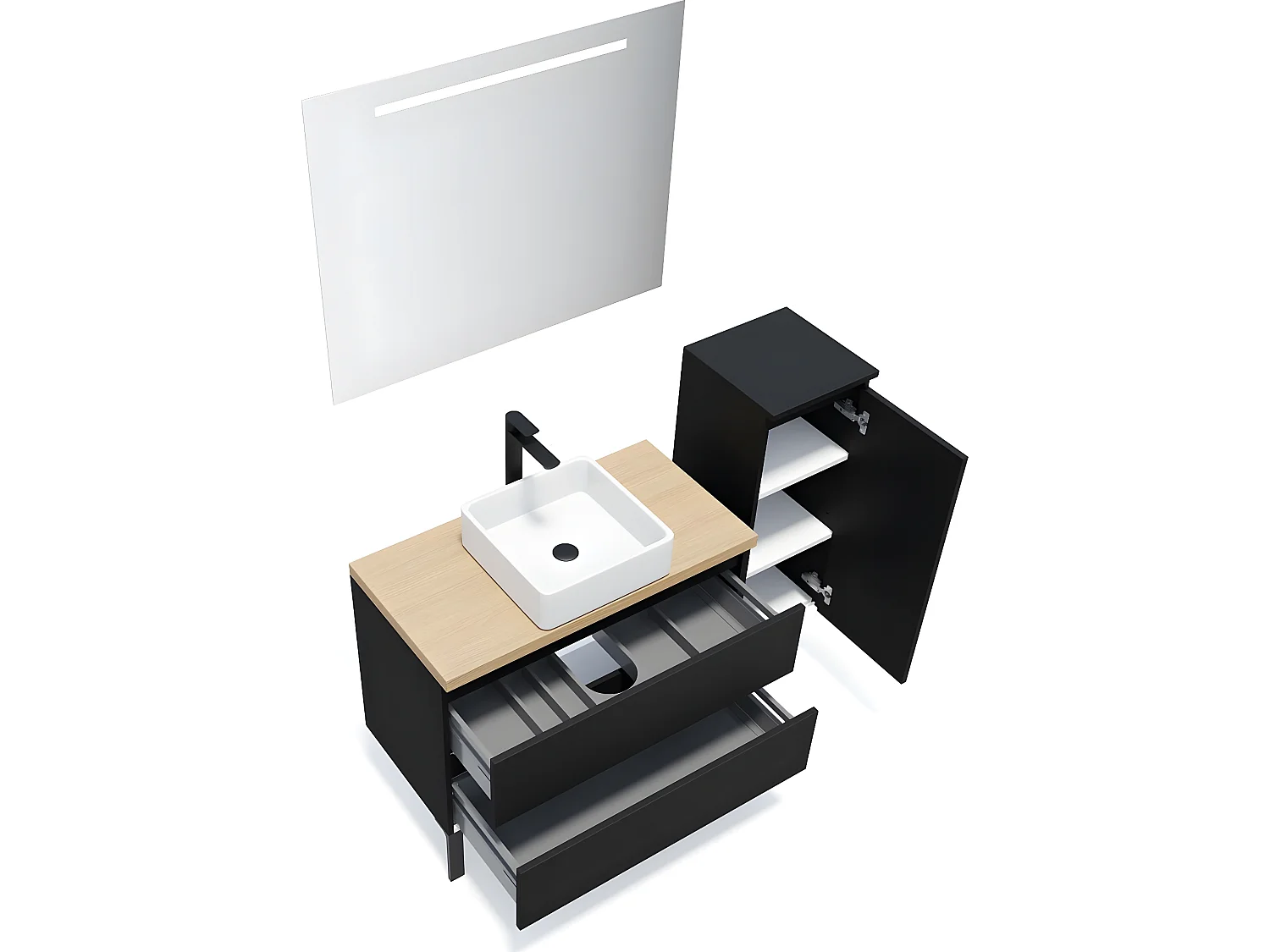 Meuble de salle de bain suspendu vasque à poser 90cm 2 tiroirs Noir + miroir + colonne ouverture droite - Hudson