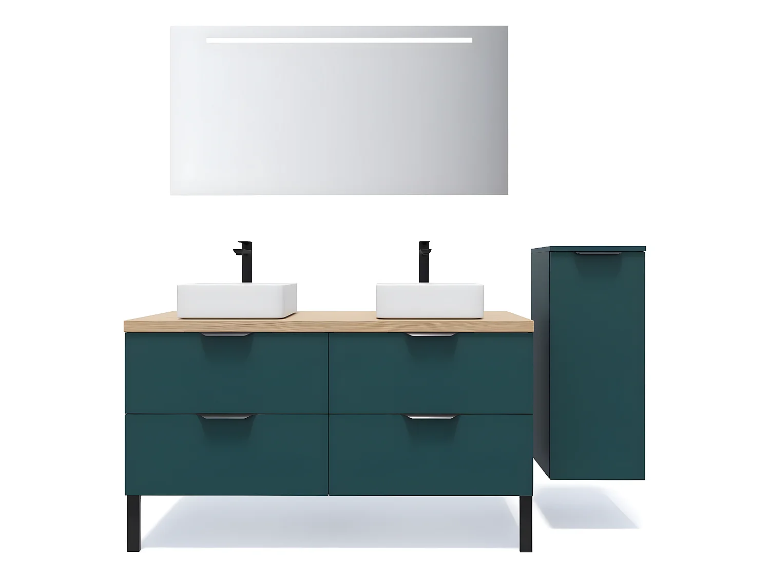 Meuble de salle de bain suspendu 2 vasques à poser 140cm 4 tiroirs Bleu + miroir + colonne ouverture droite - Soho