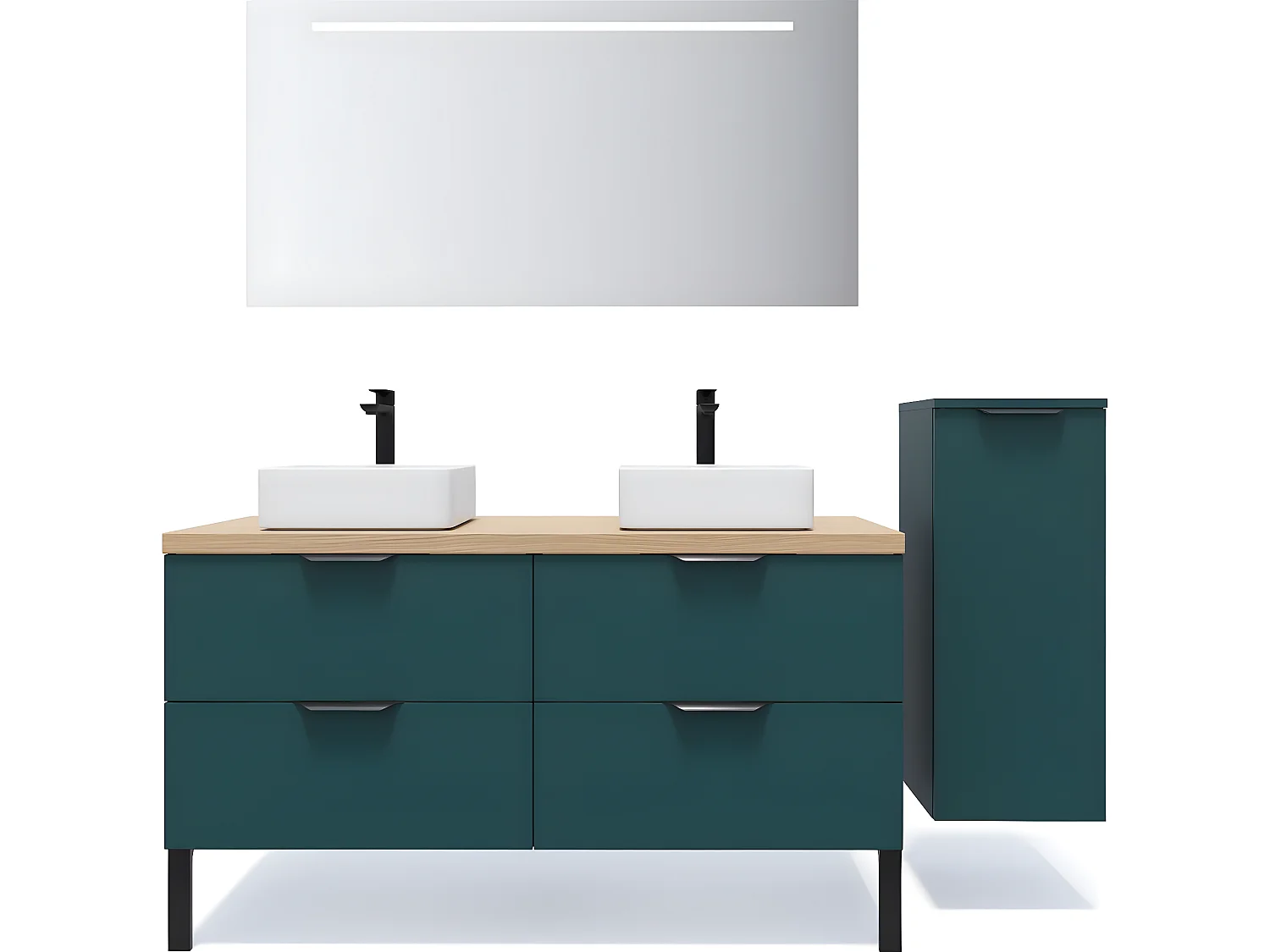 Meuble de salle de bain suspendu 2 vasques à poser 140cm 4 tiroirs Bleu + miroir + colonne ouverture droite - Soho