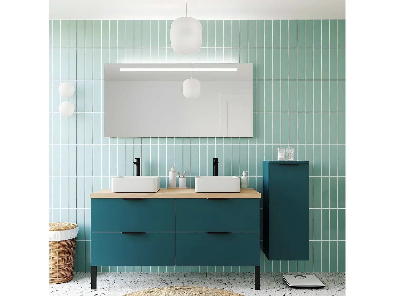 Meuble de salle de bain suspendu 2 vasques à poser 140cm 4 tiroirs Bleu + miroir + colonne ouverture droite - Soho