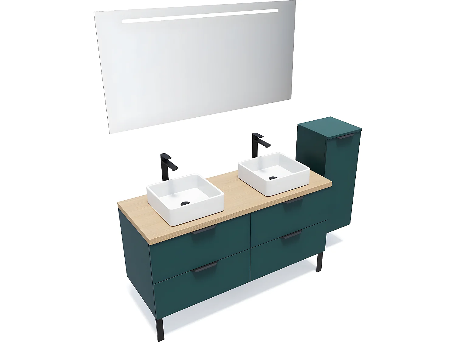 Meuble de salle de bain suspendu 2 vasques à poser 140cm 4 tiroirs Bleu + miroir + colonne ouverture droite - Soho