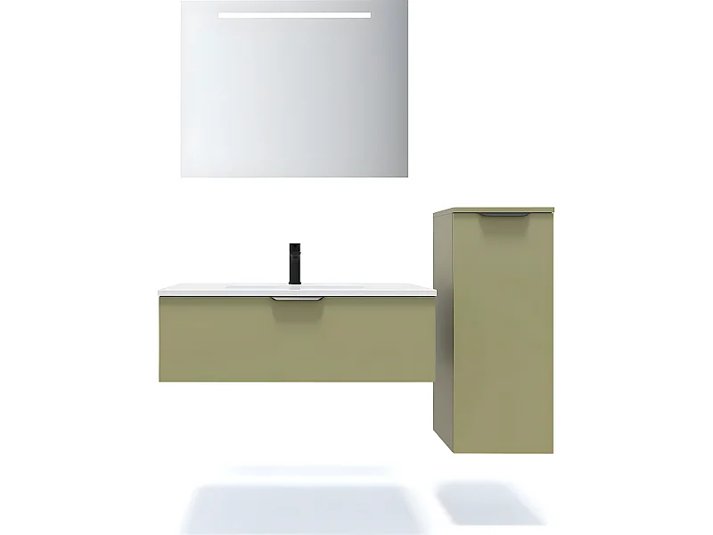 Meuble de salle de bain suspendu vasque intégrée 90cm 1 tiroir Vert olive + miroir + colonne ouverture droite - Soho
