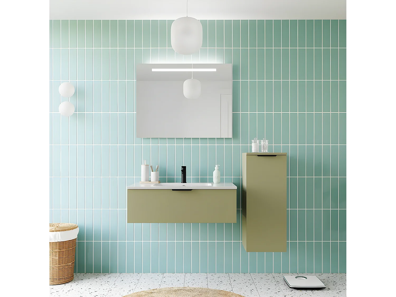 Meuble de salle de bain suspendu vasque intégrée 90cm 1 tiroir Vert olive + miroir + colonne ouverture droite - Soho