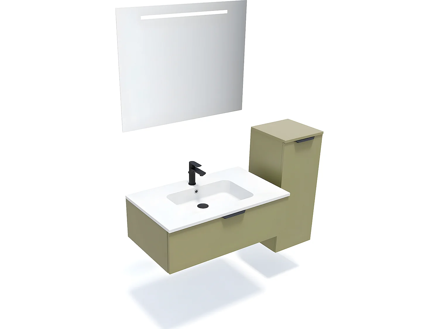 Meuble de salle de bain suspendu vasque intégrée 90cm 1 tiroir Vert olive + miroir + colonne ouverture droite - Soho