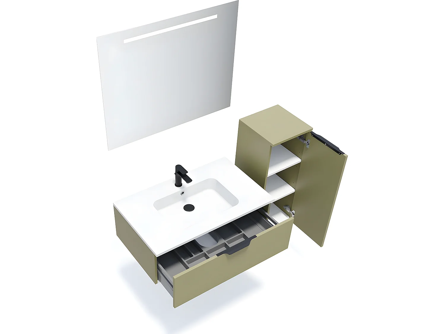 Meuble de salle de bain suspendu vasque intégrée 90cm 1 tiroir Vert olive + miroir + colonne ouverture droite - Soho