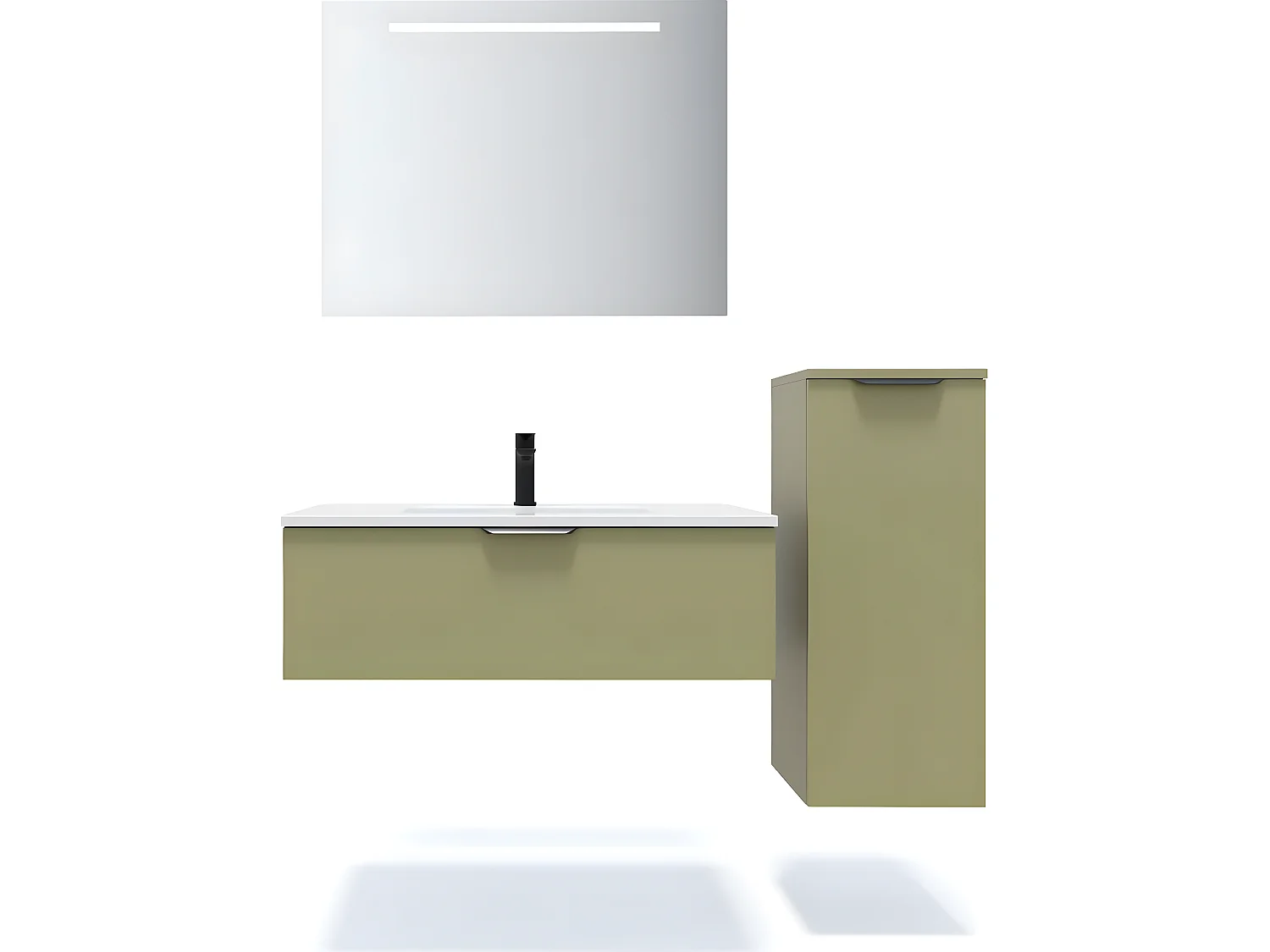 Meuble de salle de bain suspendu vasque intégrée 90cm 1 tiroir Vert olive + miroir + colonne ouverture droite - Soho