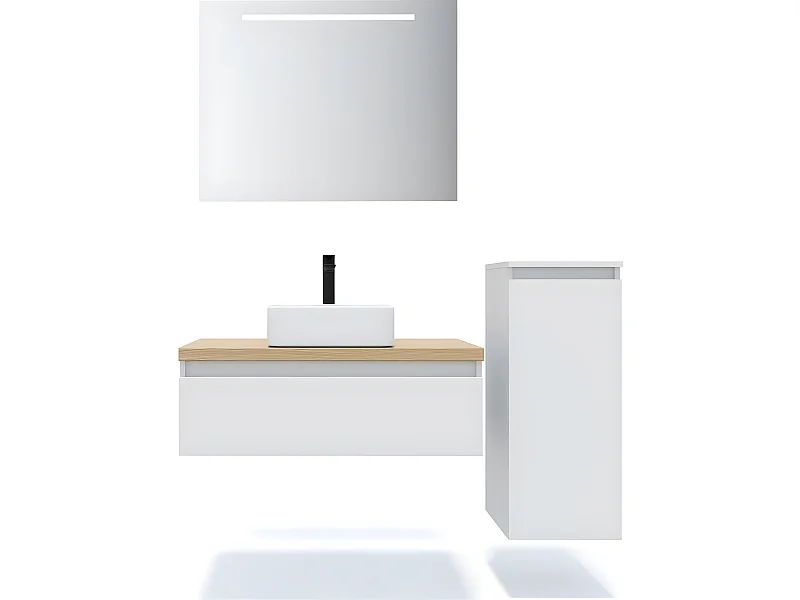 Meuble de salle de bain suspendu vasque à poser 90cm 1 tiroir Blanc + miroir + colonne ouverture droite - Hudson
