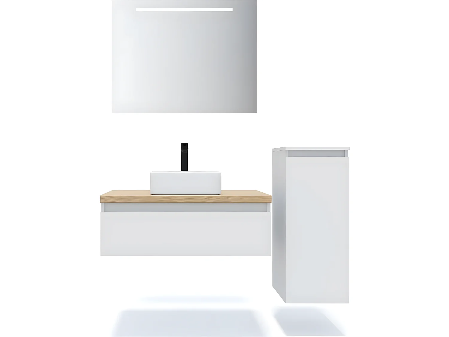 Meuble de salle de bain suspendu vasque à poser 90cm 1 tiroir Blanc + miroir + colonne ouverture droite - Hudson