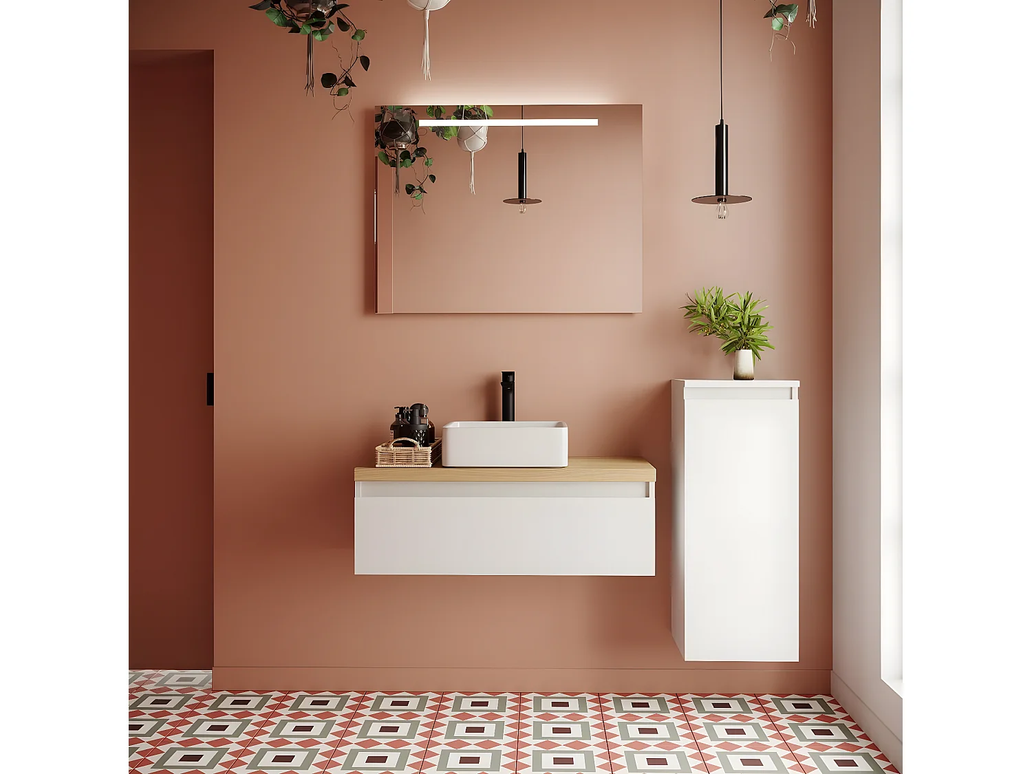 Meuble de salle de bain suspendu vasque à poser 90cm 1 tiroir Blanc + miroir + colonne ouverture droite - Hudson