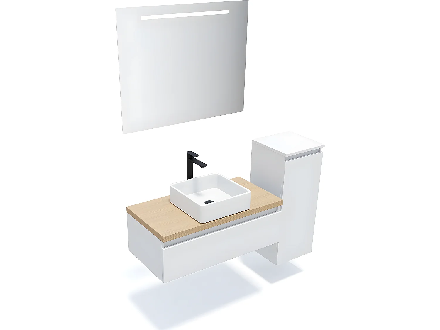 Meuble de salle de bain suspendu vasque à poser 90cm 1 tiroir Blanc + miroir + colonne ouverture droite - Hudson