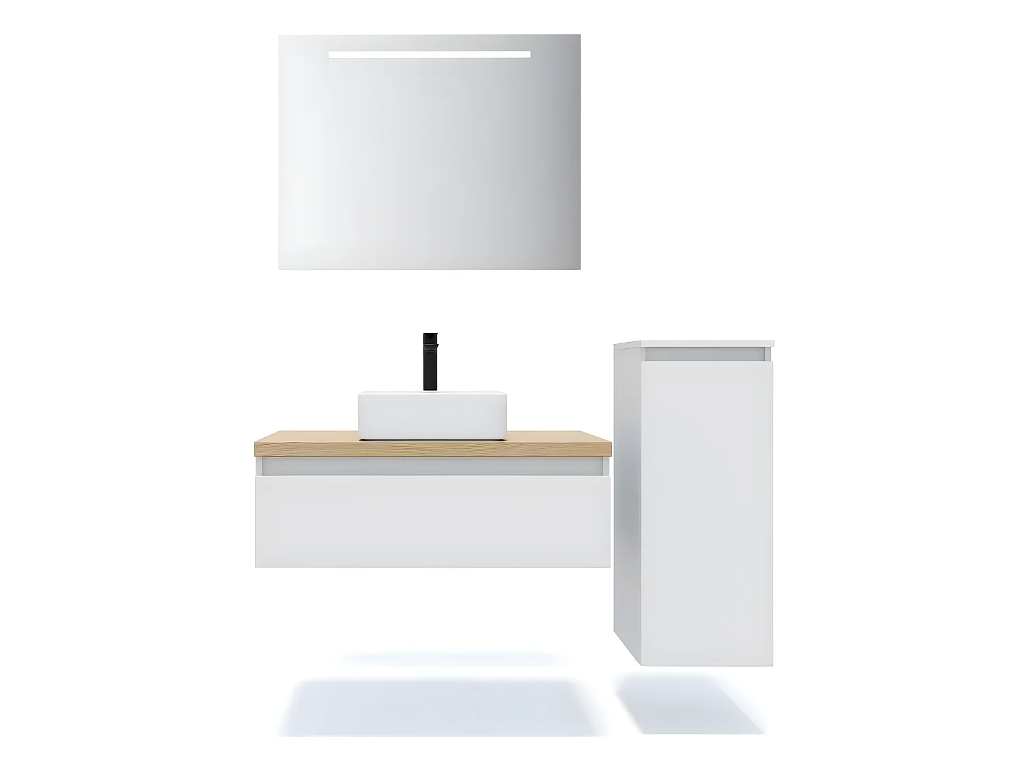 Meuble de salle de bain suspendu vasque à poser 90cm 1 tiroir Blanc + miroir + colonne ouverture droite - Hudson