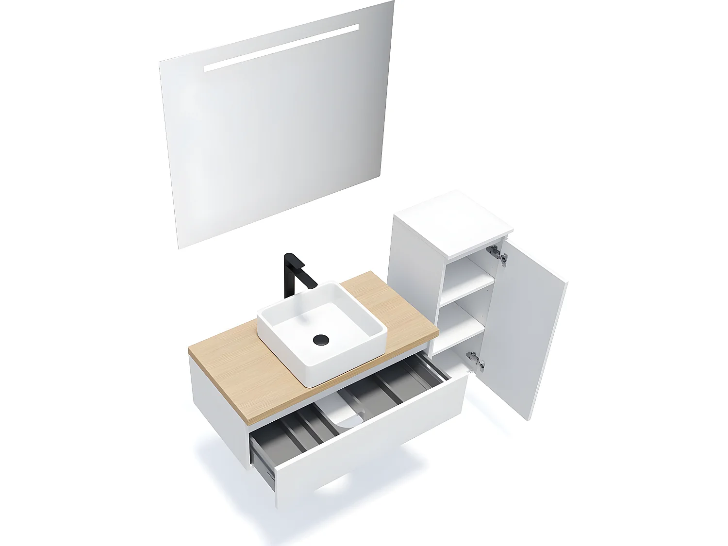 Meuble de salle de bain suspendu vasque à poser 90cm 1 tiroir Blanc + miroir + colonne ouverture droite - Hudson