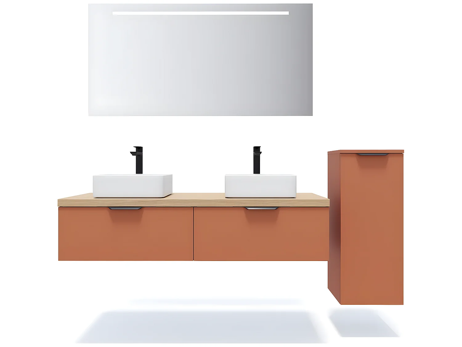 Meuble de salle de bain suspendu 2 vasques à poser 140cm 2 tiroirs Terracotta + miroir + colonne ouverture droite - Soho