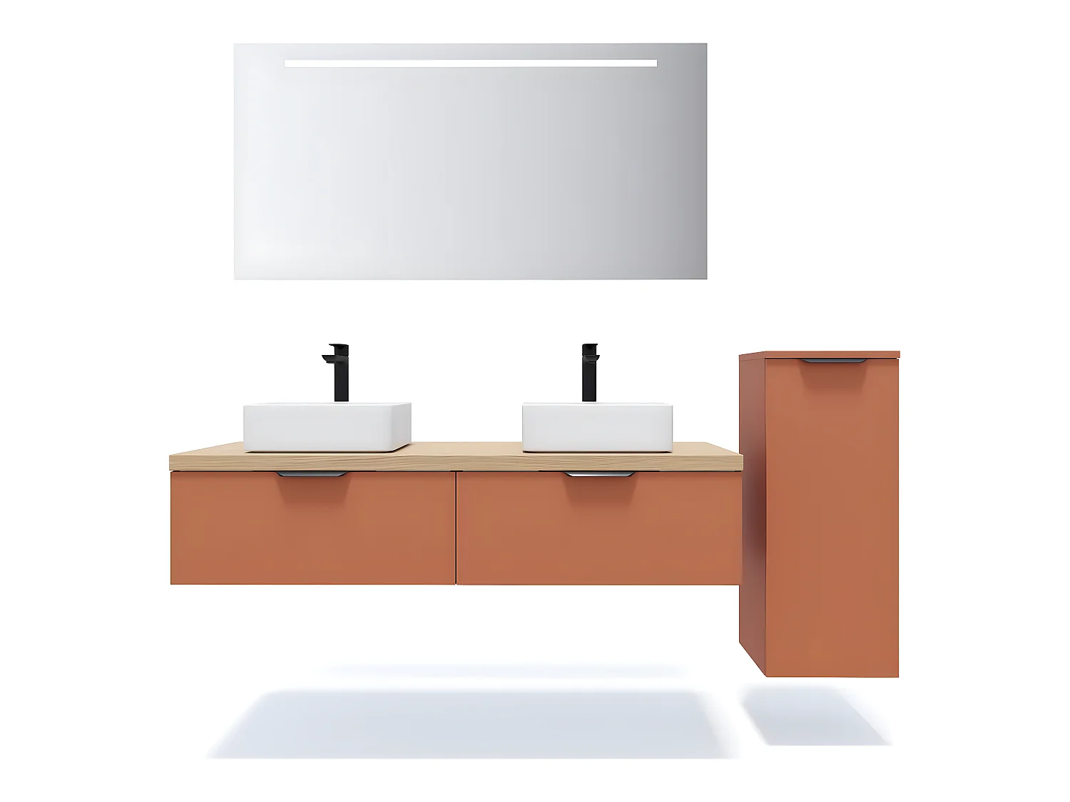 Meuble de salle de bain suspendu 2 vasques à poser 140cm 2 tiroirs Terracotta + miroir + colonne ouverture droite - Soho