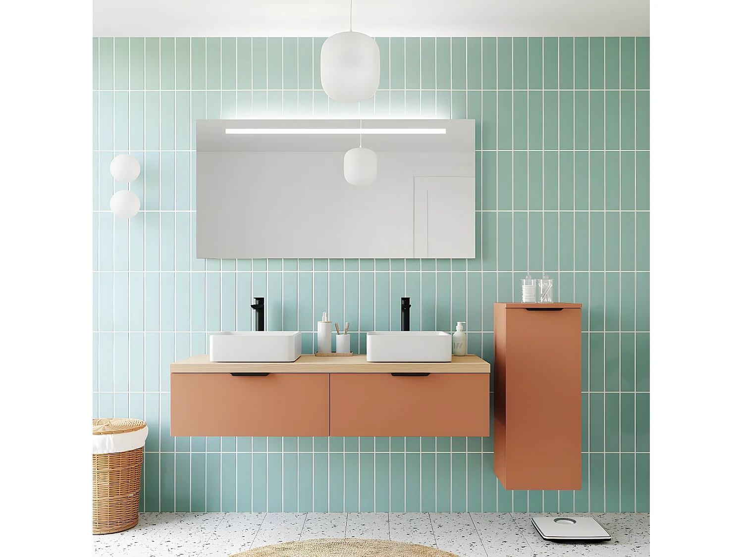Meuble de salle de bain suspendu 2 vasques à poser 140cm 2 tiroirs Terracotta + miroir + colonne ouverture droite - Soho