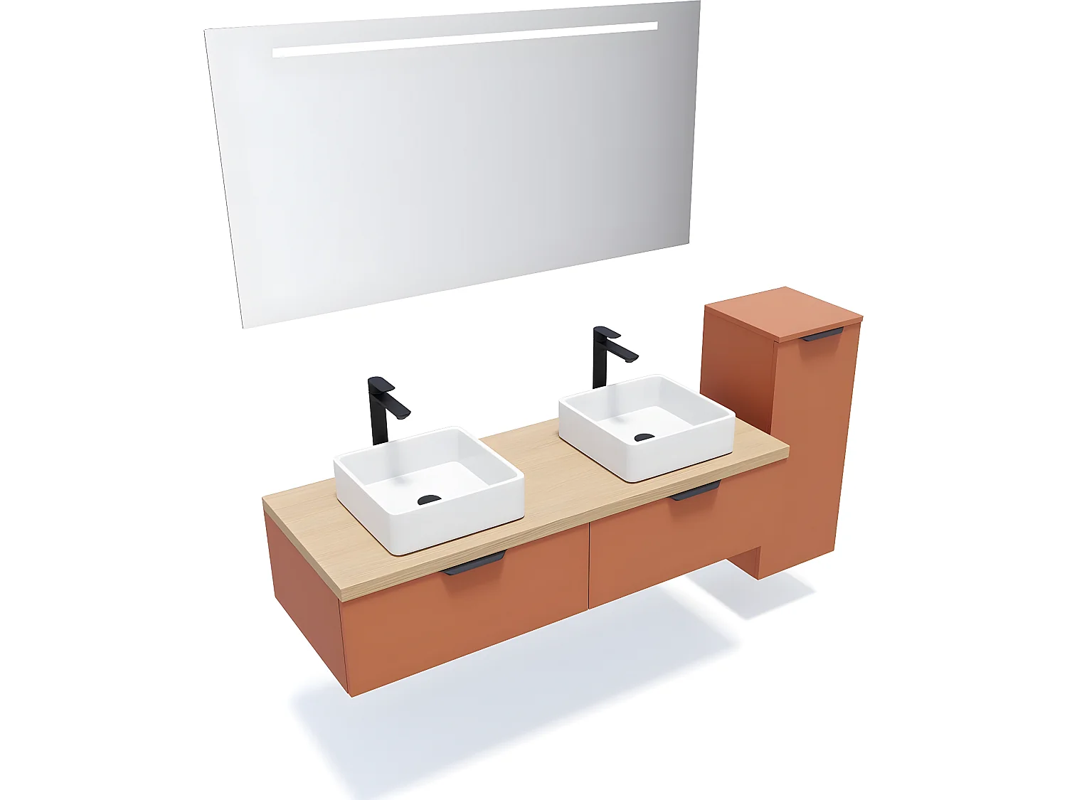 Meuble de salle de bain suspendu 2 vasques à poser 140cm 2 tiroirs Terracotta + miroir + colonne ouverture droite - Soho