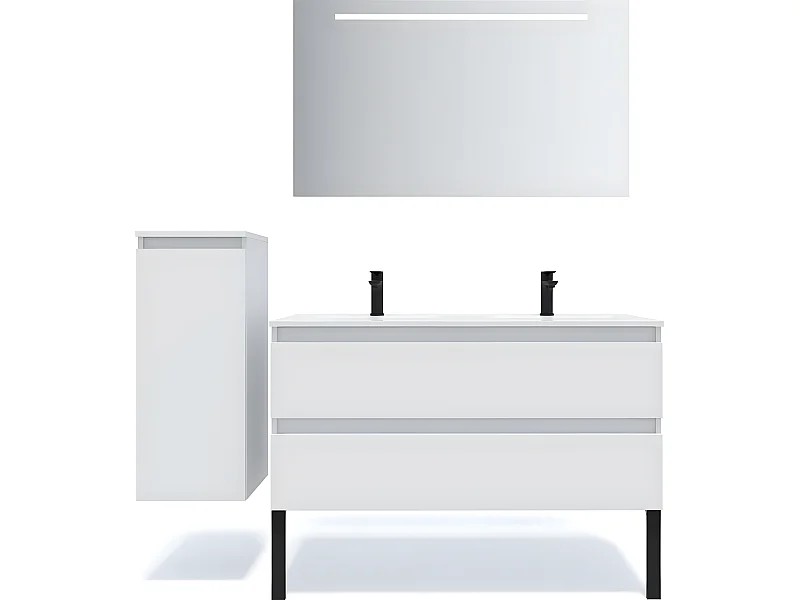 Meuble de salle de bain suspendu double vasque intégrée 120cm 2 tiroirs Blanc + miroir + colonne ouverture gauche - Hudson