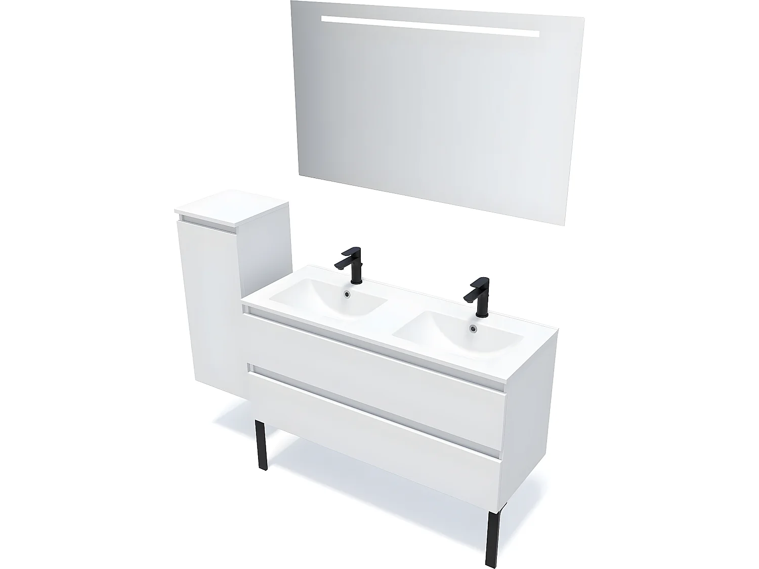 Meuble de salle de bain suspendu double vasque intégrée 120cm 2 tiroirs Blanc + miroir + colonne ouverture gauche - Hudson