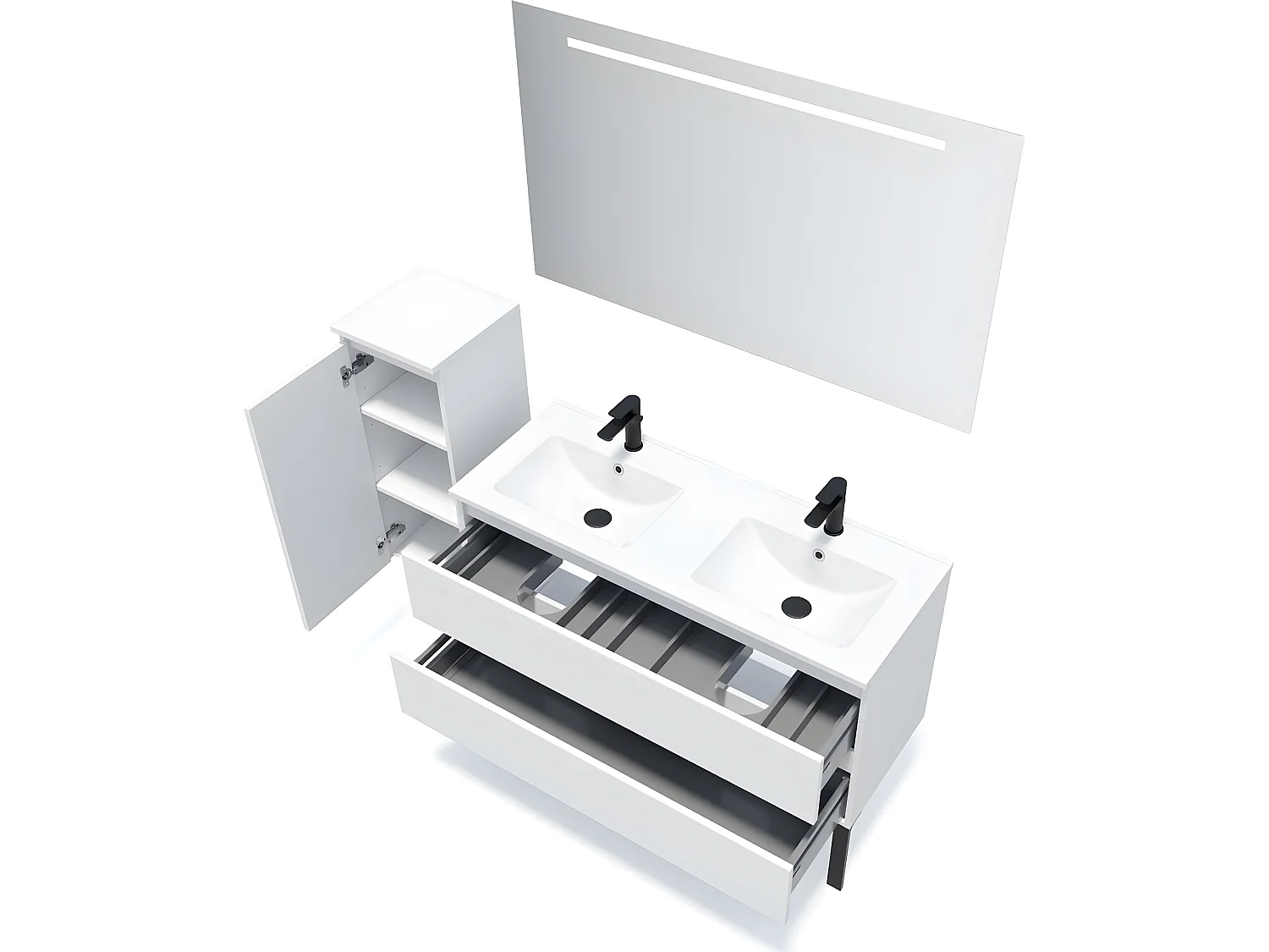 Meuble de salle de bain suspendu double vasque intégrée 120cm 2 tiroirs Blanc + miroir + colonne ouverture gauche - Hudson