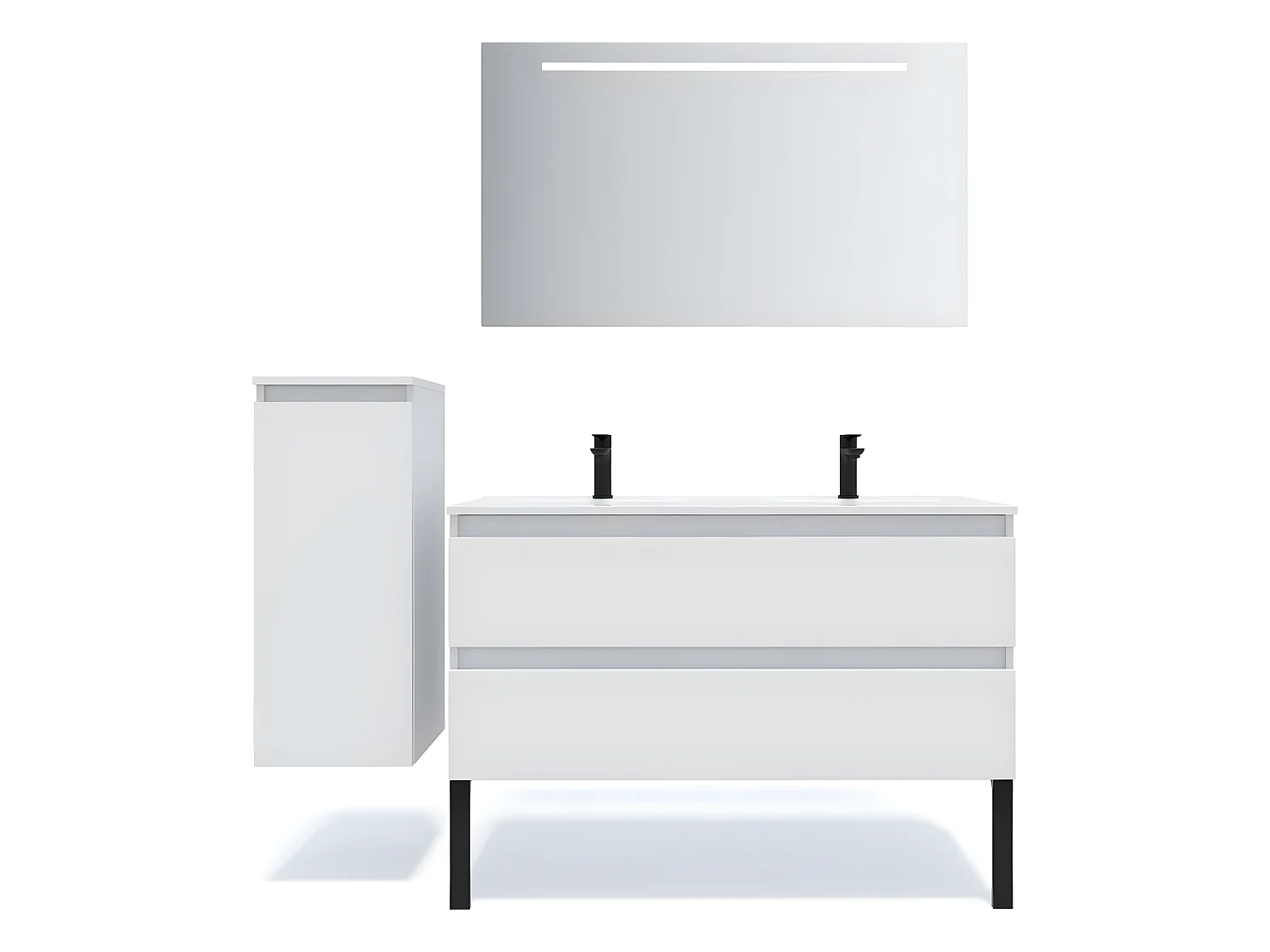 Meuble de salle de bain suspendu double vasque intégrée 120cm 2 tiroirs Blanc + miroir + colonne ouverture gauche - Hudson